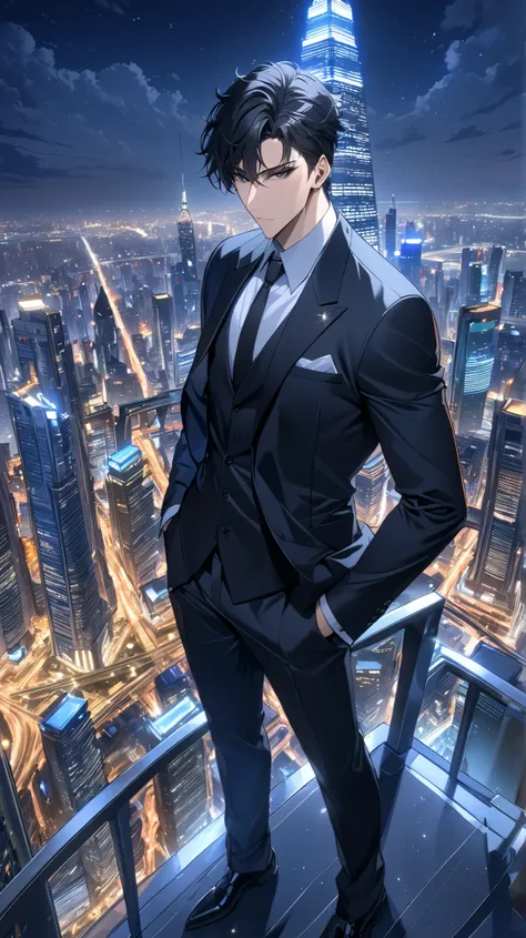 (masterpiece, best quality, very aesthetic, very detailed), absurdres, high resolution, very detailed, HDR, masterpiece, 1 man, sung jin woo short black hair, white shirt, black suit, black formal pants, sharp gaze, black eyes, black hair, on the roof of t...