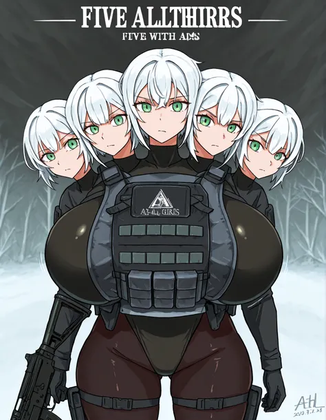 conjoined, 5girls, 5heads, five heads, a tall thin girls with 5heads, white hair, green eyes, short hair, Gigantic breasts, black leotard, black bodysuit, black pantyhose, bulletproof vest, loose black gaiters, black gloves, tactical gear, upper body, fron...