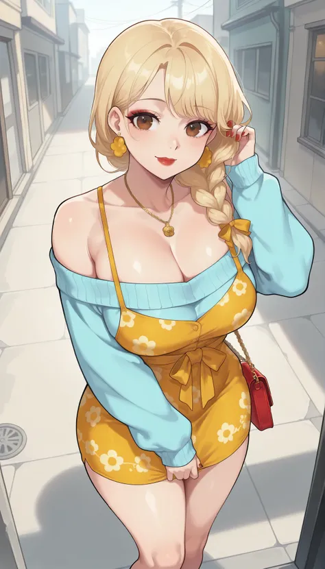 Jumi | New Town, beautiful perfectly curvy-voluptuous version, light-blonde hair, medium plump breasts, big honey-brown eyes, red nails, red plump glossy lips, and fair natural glowy skin. She's wearing a revealing tight mini-short lacy yellow-floral dress...