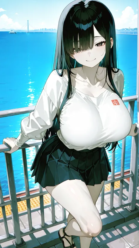 Masterpiece、anime style、best quality、high resolution、4k,A beautiful adolescent girl casually stands beside a seaside railing, wearing a white long-sleeved shirt and a simple pleated skirt over the knee, and strappy sandals. She has long straight black hair...