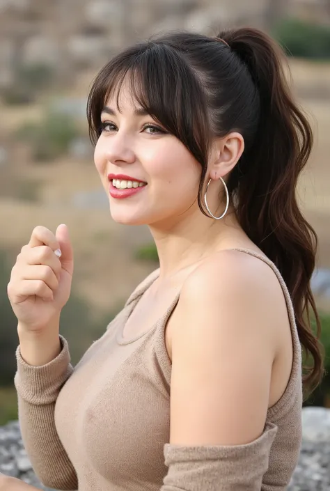 Mature 1 dumb bimbo brunette, the most realistic portrait, close-up face portrait, wavy hair, ponytail, bang, hoop earrings, Necklace, slutty long sleeve sweater, beige sweater, split, clenched teeth, grin, saliva, mouth hold, biting lips, nervous smile, s...