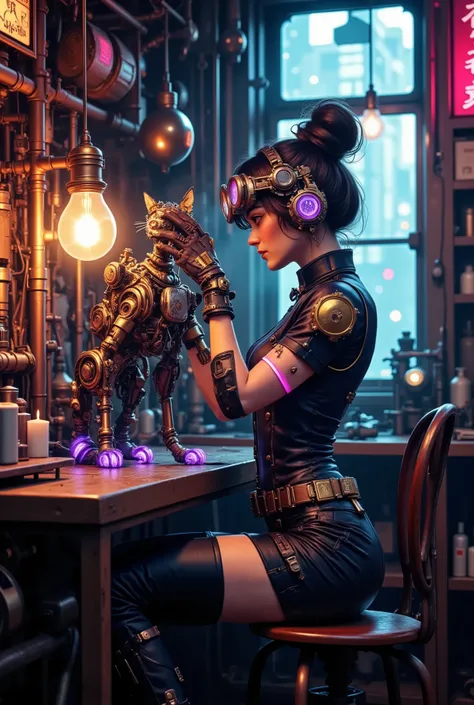 An inventor girl builds a mechanical cat in a workshop where steampunk merges with photobaching. Futuristic Victorian style, contrast of warm lamps and cold neon lights, detailed mechanisms with digital elements. A young female inventor in a hybrid costume...