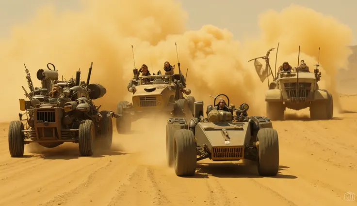Aerial view of a high-speed desert chase in a post-apocalyptic Mad Max-style setting. Three different heavily modified war vehicles are pursuing a lone motorcycle. Each vehicle is uniquely armed and armored, with the lead one being the largest and most int...