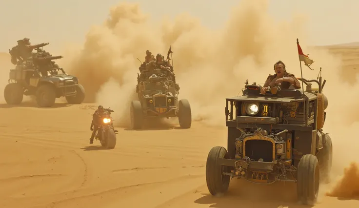 Aerial view of a high-speed desert chase in a post-apocalyptic Mad Max-style setting. Three different heavily modified war vehicles are pursuing a lone motorcycle. Each vehicle is uniquely armed and armored, with the lead one being the largest and most int...