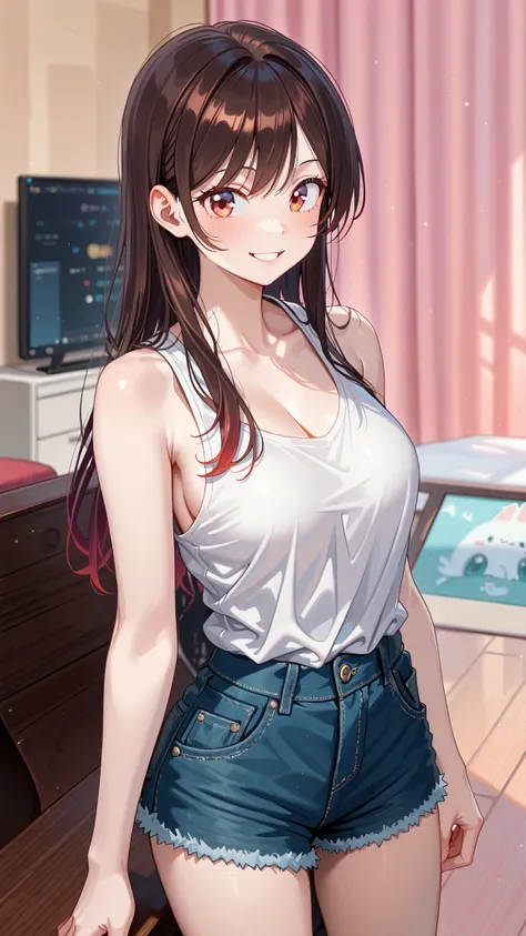 masterpiece,Ultra Fine,Beautiful Eyes,chizuru mizuhara,(((:1.7))),Smile,((slim face)),:1.4,side boob,detail,detail texture,cute face,An actress who looks just like her is shown on TV,parted lips,grin