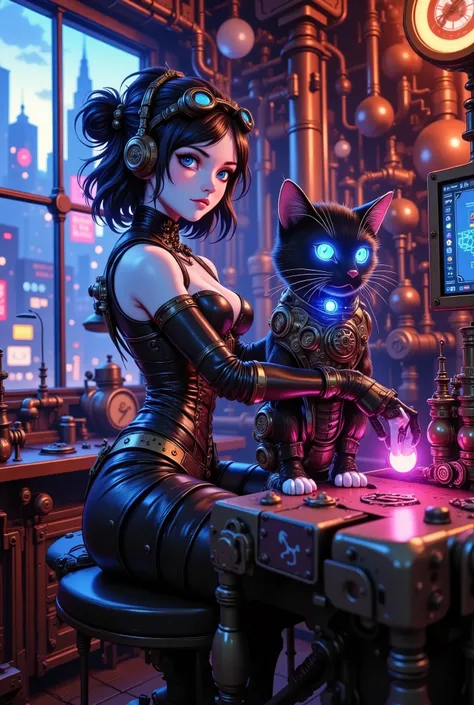An inventor girl builds a mechanical cat in a workshop where steampunk merges with photobaching. Futuristic Victorian style, contrast of warm lamps and cold neon lights, detailed mechanisms with digital elements. A young female inventor in a hybrid costume...