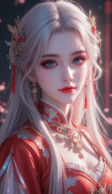 Voluptuous woman, gorgeous woman, mature woman, gradient hair, long hair, voluminous hair, aqua eyes, gentle smile, glossy lips, gothic, thick eyelash , platinum hair, red gradient highlight, light hair, multicolored hair, colored inner hair, (red Mandarin...