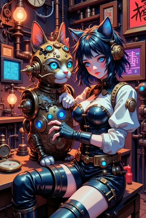 An inventor girl builds a mechanical cat in a workshop where steampunk merges with photobaching. Futuristic Victorian style, contrast of warm lamps and cold neon lights, detailed mechanisms with digital elements. A young female inventor in a hybrid costume...