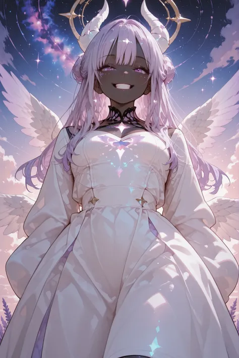 A black skinned celestial young girl with nebula skin, four small glowing white horns, undersized feathery white wings, purple eyes, lavender hair, smiling and laughing as she flies through the sunny sky surrounded by clouds