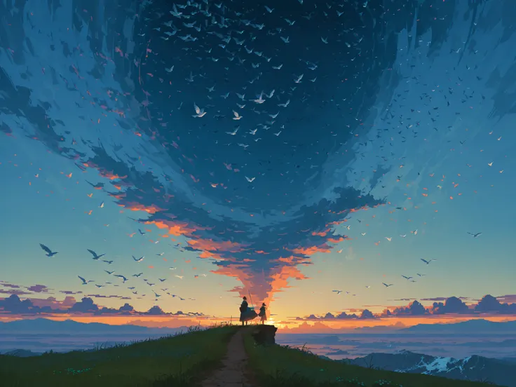 very wide shot, twilight view of the sea, small yachts, magnificent panorama view, fantasy world, flock of birds, (overlooking:1.3), pixel art