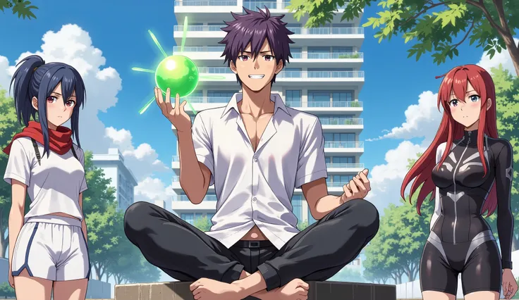 A high-quality anime-style scene of a confident young male character sitting cross-legged outdoors on a sunny day in front of a modern school campus. He has spiky purple hair, a slightly torn white school uniform shirt revealing a toned chest, and is holdi...