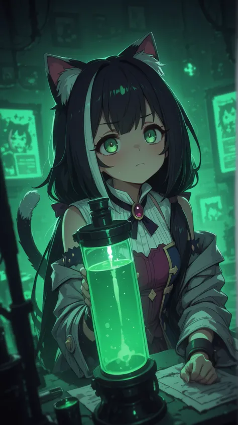 Karyl  in a scientist's coat in a laboratory ,explode

Karyl(Princess Connect),bangs,green eyes,female ,long hair, streaked hair, black hair,white hair, low twintails, green eyes,cat ears, cat tail, long hair , split bangs , side lock,solo