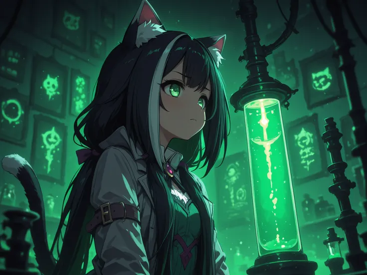 Karyl  in a scientist's coat in a laboratory 

Karyl(Princess Connect),bangs,green eyes,female ,long hair, streaked hair, black hair,white hair, low twintails, green eyes,cat ears, cat tail, long hair , split bangs , side lock,solo
