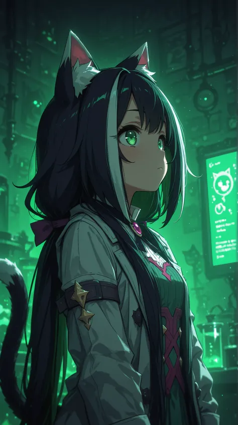 Karyl  in a scientist's coat in a laboratory ,explode

Karyl(Princess Connect),bangs,green eyes,female ,long hair, streaked hair, black hair,white hair, low twintails, green eyes,cat ears, cat tail, long hair , split bangs , side lock,solo