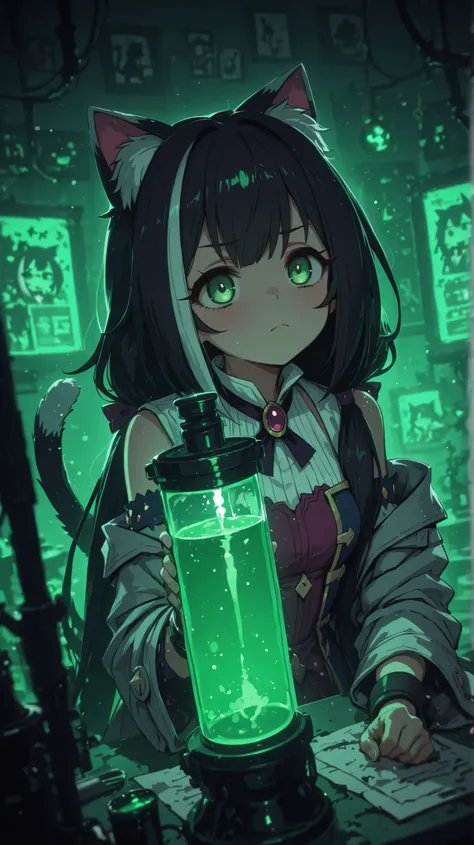 Karyl  in a scientist's coat in a laboratory ,explode

Karyl(Princess Connect),bangs,green eyes,female ,long hair, streaked hair, black hair,white hair, low twintails, green eyes,cat ears, cat tail, long hair , split bangs , side lock,solo