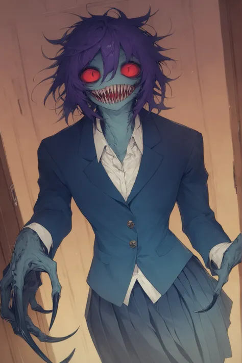 1girl, anime style, monstrosity, monster, abomination, sharp teeth, jaw, red eyes, red sclera, round eyes, teal skin colour, murky skin, purple hair, messy hair, unkempt hair, short hair, standing, claws, long claws, sharp claws, hunched, school uniform, d...