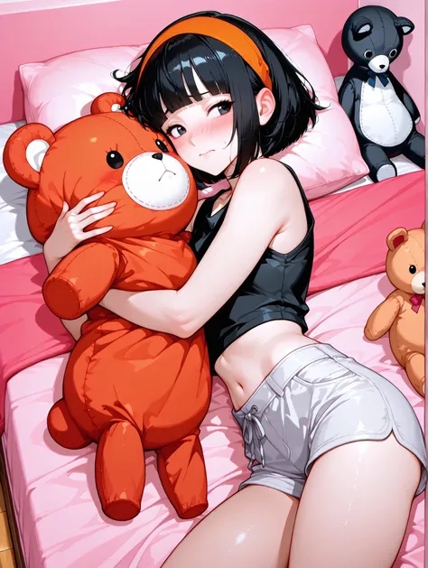 One girl、masterpiece、top quality、32k、masterpiece、full five fingers, short hair, bangs, black hair,navel, hairband, midriff,soft short pants, sleeveless shirt,blunt bangs, black eyes, orange hairband,face up,with a embarrassed face ,background is her pretty...