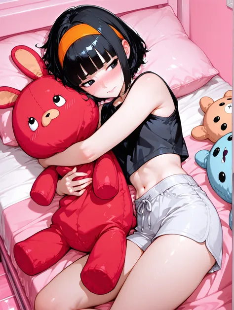 One girl、masterpiece、top quality、32k、masterpiece、full five fingers, short hair, bangs, black hair,navel, hairband, midriff,soft short pants, sleeveless shirt,blunt bangs, black eyes, orange hairband,face up,with a embarrassed face ,background is her pretty...