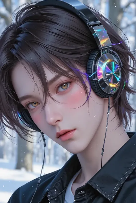 commercial Product、Hi-Tech Headphones, Sci Fi Future Headphones, (Top Quality, 8K, Masterpiece: 1.3)), Sharp Focus: 1.2, (Mature male, handsome, One Bangs Cover Right Eyes, Tied-Back hair, Medium hair, jfcut, Gold Amber Eyes, Flawless Eyes, ((Multicolour...