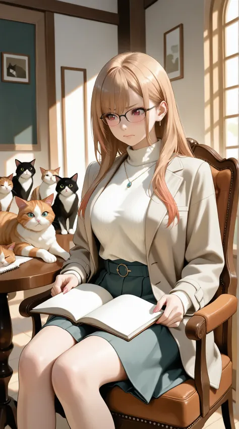 a beautiful, busty woman resembling a realistic version of Keiko Kitagawa, with sharp eyes and refined features, short straight brown hair in a clean side part,
wearing a sleek, fitted modern researcher outfit with a dark high-neck sweater and a long lig...