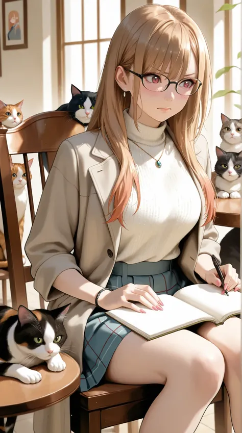a beautiful, busty woman resembling a realistic version of Keiko Kitagawa, with sharp eyes and refined features, short straight brown hair in a clean side part,  
wearing a sleek, fitted modern researcher outfit with a dark high-neck sweater and a long lig...