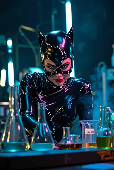 high quality, 8K Ultra HD, A beautiful of catwoman, (catwoman1992v2, a woman wears a mask with animal ears and a latex bodysuit), mixing fluorescent-colored potions in smoking beakers. biological lab should serve as the underlying backdrop, with its detail...