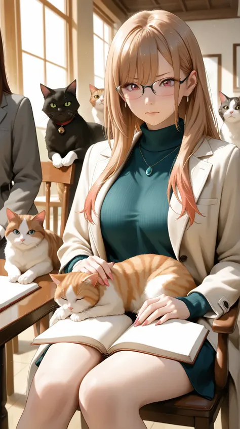 a beautiful, busty woman resembling a realistic version of Keiko Kitagawa, with sharp eyes and refined features, short straight brown hair in a clean side part,
wearing a sleek, fitted modern researcher outfit with a dark high-neck sweater and a long lig...
