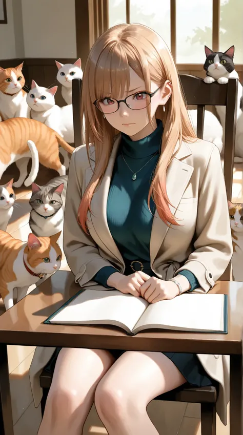 a beautiful, busty woman resembling a realistic version of Keiko Kitagawa, with sharp eyes and refined features, short straight brown hair in a clean side part,  
wearing a sleek, fitted modern researcher outfit with a dark high-neck sweater and a long lig...