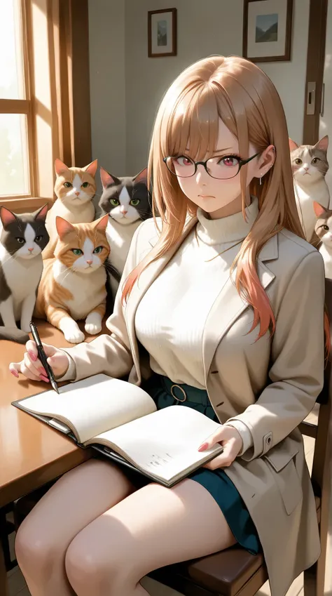 a beautiful, busty woman resembling a realistic version of Keiko Kitagawa, with sharp eyes and refined features, short straight brown hair in a clean side part,
wearing a sleek, fitted modern researcher outfit with a dark high-neck sweater and a long lig...
