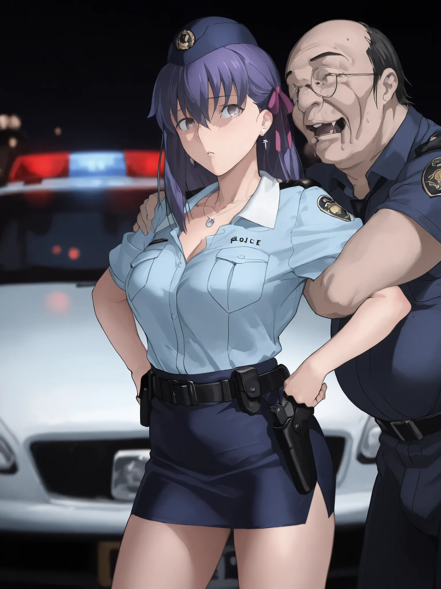 90s anime style, matou sakura, long hair, hair ribbon, purple hair, hazy purple eyes, purple ribbon, hair between eyes, thin moaning, heavy breasts - generous cleavage, she is wearing simple necklace, simple earrings, garrison cap, open police uniform, blu...
