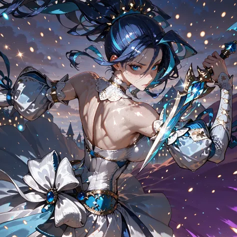 (SuperQuality:1.0) ~ (SuperQuality:1.2), detailxl, 1girl, High Resolution, Best Quality, High Details, Super Detailed, detailed background, grenn hair, blue streaked hair, blue eyes, tied hair, white dress, holding a dagger, looking back,