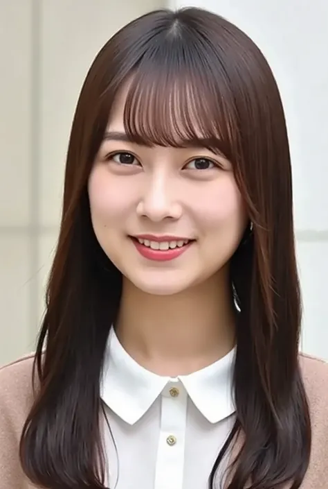 Neat Young Woman、looking at camera、office lady suit、jacket、shirt、Ear piercings、necklace、 pale brown hair、smile showing teeth、、background is office
