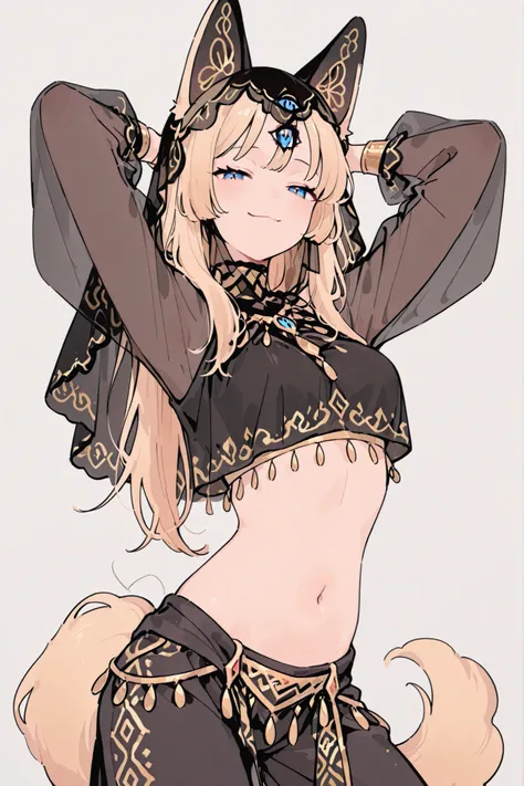 1girl, (3rd Eye), Vertical eye, dog girl, dog ears, dog tail, swaying tail, labrador ears, light-blonde hair, light-blonde fur, long hair, blue eyes, gloving eyes, Arabian Belly dancer outfit, Cropped top, black clothes, black Veil, Transparent Veil, Trans...