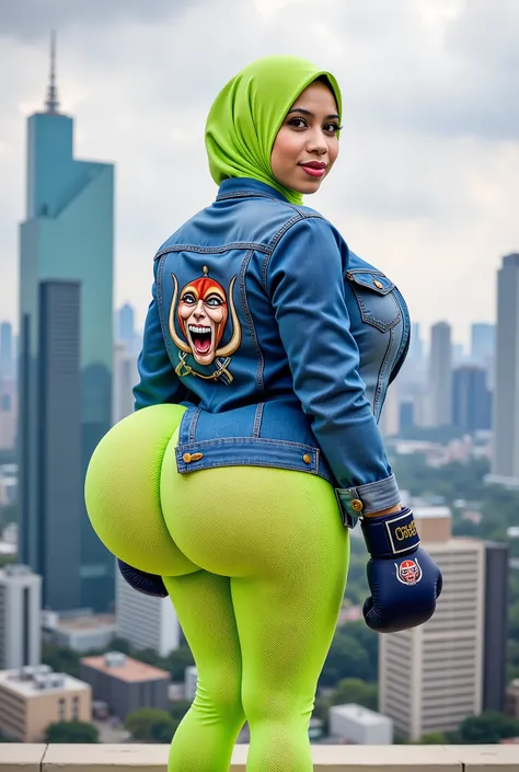 Berpaling senyum (hijab hijab malay milf). Gigantic punggung Wearing an oversized jeans jacket with a picture of "Motörhead" 3d logo & mini top , wearing neon green NET FISH LEGGINGS WEARING DARK BLUE BOXING GLOVES) High-rise city skyline of Kuala Lumpur, ...