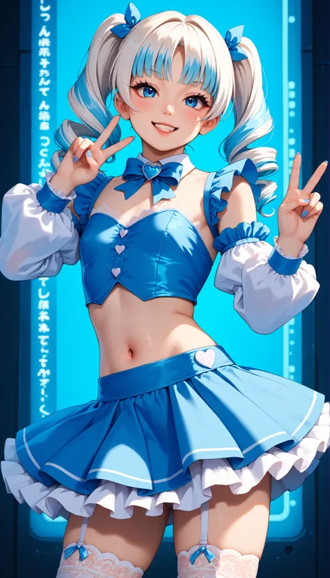 A cute magical idol girl with white hair (white hair, light blue highlights) and light blue highlights, styled in drill twintails (drilltails ) with straight-cut bangs that slightly cover her large anime-style blue eyes. She has a cute, round face, delicat...