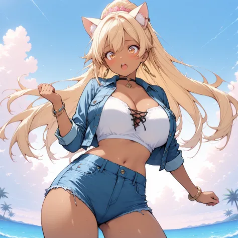 front view, contrapposto, dark skinned female, 1 cat girl, foodgasm, big eyes, long eyelashes, long blonde, floating hair, (voluptuous:1.3),  Denim jacket, hair accessories, earrings, choker, bracelet, masterpiece, best quality, ultra-detailed, high resolu...