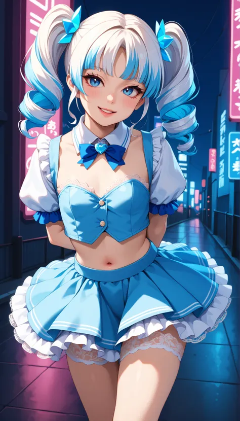 A cute magical idol girl with white hair (white hair, light blue highlights) and light blue highlights, styled in drill twintails (drilltails ) with straight-cut bangs that slightly cover her large anime-style blue eyes. She has a cute, round face, delicat...