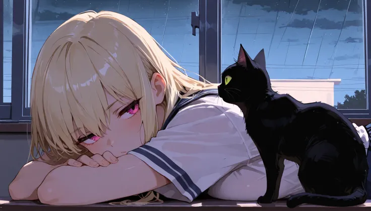 masterpiece,top quality,Super Detailed,8k, Japanese high school girl Make eye contact with a black cat Staring out of the window rainy sky Back view