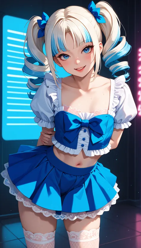 A cute magical idol girl with white hair (white hair, light blue highlights) and light blue highlights, styled in drill twintails (drilltails ) with straight-cut bangs that slightly cover her large anime-style blue eyes. She has a cute, round face, delicat...