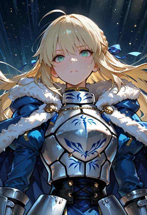 748cmstyle,adult, masterpiece, newest,absurdres,incredibly absurdres, best quality, amazing quality, very aesthetic, perspective, ahoge, armor, armored dress, artoria pendragon (fate), blonde hair, blue cape, blue dress, braid, breastplate, cape, commentar...