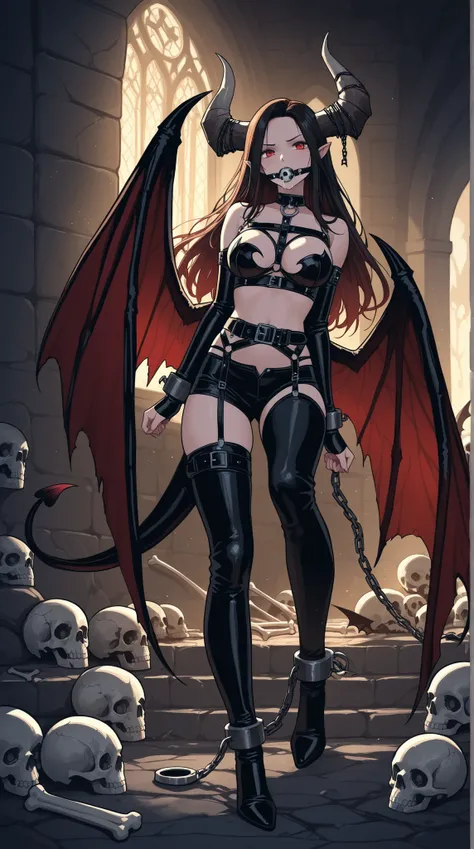 Female devil, skull gag, Bone horn, belt bondage, Iron ball shackles, Devil Wing Bra, Decayed Seal, Dark Fantasy Art,