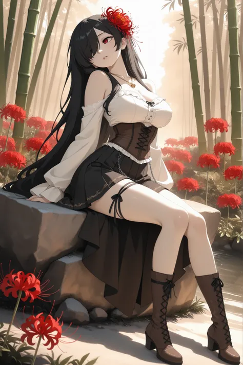 1girl, Kuroki Monika, black hair, very long hair, hair over right eye, red eyes, large breasts, (petite but curvy, very cute),
, hair flower, spider lily, white vintage Pleated blouse with bell sleeves and bare shoulders, brown vintage-gothic lace-up corse...
