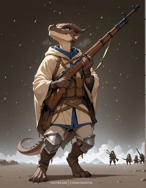 mhftls, Kobold, brown scales, blue eyes, holding a infantry rifle, hood, masterpiece, high quality, mhsfjva, male