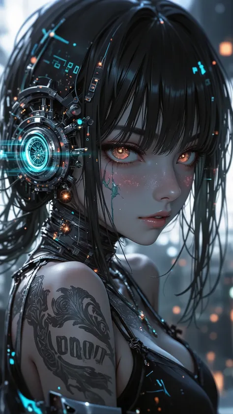 female android, cybernetic tattoo, numbering tattoo, Reticle Mecha Eye, 