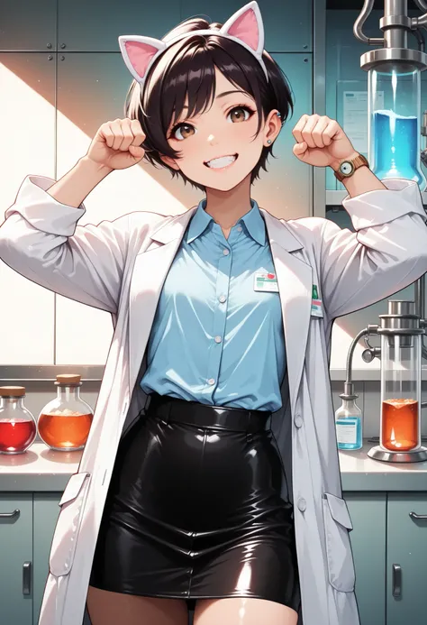 htm,1 woman, cool researcher:1.2, ((laboratory background:1.4)), faceshot:1.4, dark haired, brown eyes, tareme, Pixie Cut, flat chested, (Watch Viewers,standing grinning, Show your teeth, cat pose), Perfect Body, laboratory white coat, collared shirt, in a...