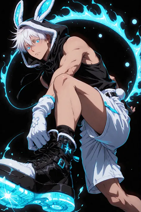 neon art, neon lineart, blue neon lineart, neon silhouette, silhouette, neon colors, glowing, glow effect, bright outlines, vibrant colors, high contrast, dark background, digital art, 1man, adult, male focus, gojou satoru, jujutsu kaisen, white hair, shor...