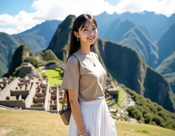 Japanese actress taking an artistic photo book。Commemorative photo style of a sightseeing trip。Take a full-body shot from the front。photographed mainly at the Machu Picchu ruins。((cute Japanese woman who is petite and young))。((A woman is standing in front...