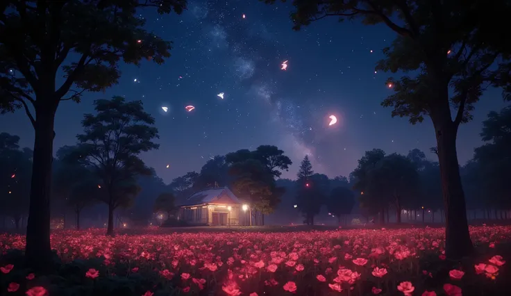   night sky with a view of the Milky Way galaxy 、Pictures of creatures ,  Beautiful White Foxes  ,  Magical fantasy forest ,  digital art ,  世界で最もamazing芸術作品, (( not human)), Flower field in the forest   ,  soft and balanced color of red, Forest Scenery,  ...