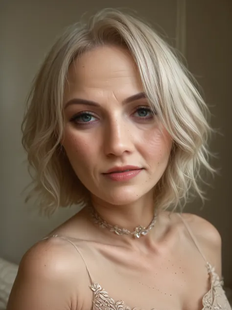 ((photorealism)), candid portrait of a mature woman, Caucasian, platinum blonde hair, bob cut, acne, realistically textured natural skin, confident, classy