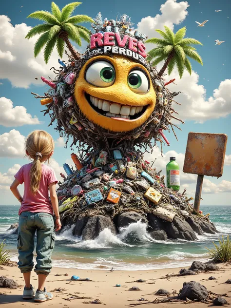 A highly detailed, realistic, whimsical, vibrant illustration concept art poster featuring the title: “L'ILE des REVES PERDUS” made in recycled waste, garbage and damaged letters in a grunge, gross, cartoon font, this title on top of polluted island hill m...